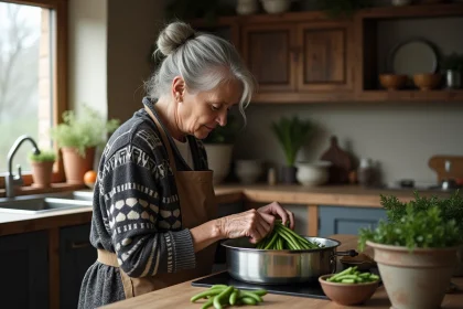 Femme âgée blanchissant des haricots verts dans la cuisine