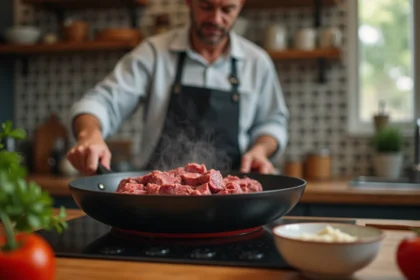 Homme en tablier cuisinant du boeuf dans une cuisine chaleureuse