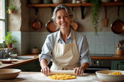 Femme en tablier roulant des pâtes maison dans une cuisine rustique