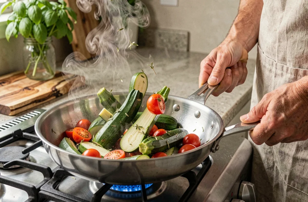 Mains de cuisinière faisant sauter des courgettes et tomates à la poêle dans une cuisine méditerranéenne