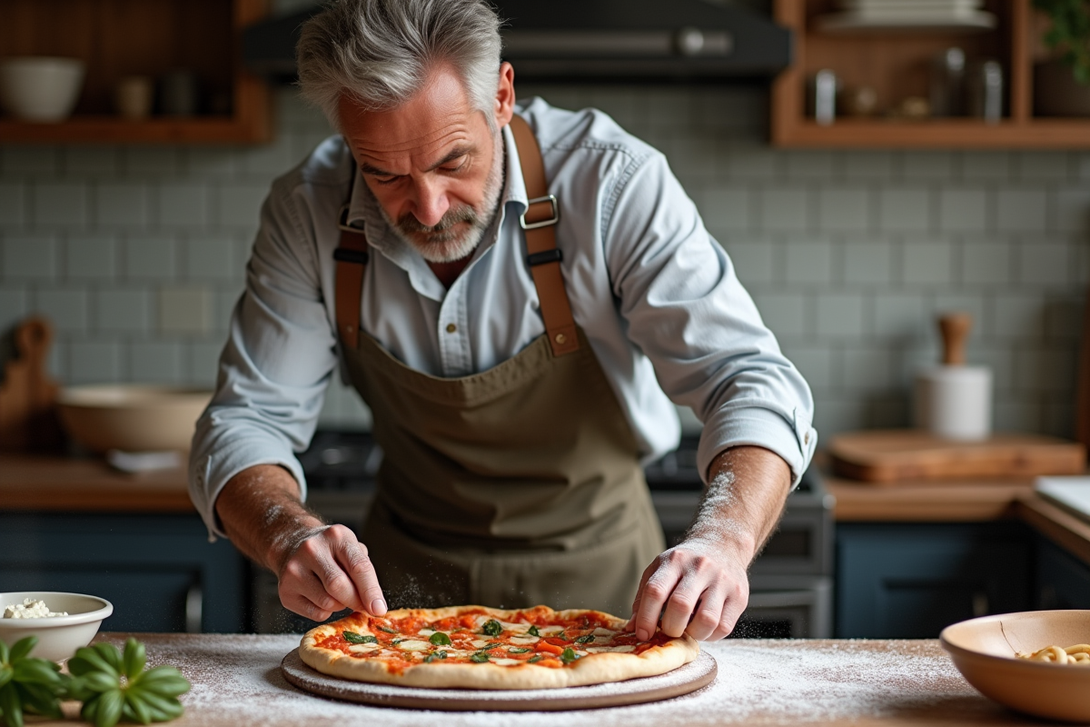 Homme d'âge moyen posant une pizza sur pierre dans cuisine chaleureuse