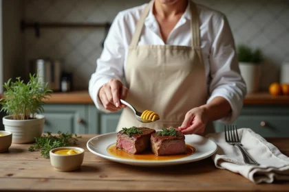 Femme française préparant un filet mignon à la moutarde dans une cuisine rustique