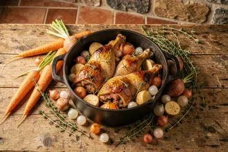 Cuisse de canard cocotte mijotée avec carottes, navets et oignons dans une cocotte en fonte rustique sur une table en bois