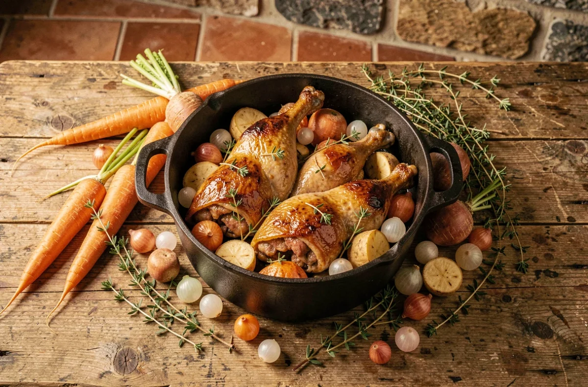 Cuisse de canard cocotte mijotée avec carottes, navets et oignons dans une cocotte en fonte rustique sur une table en bois