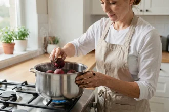 Femme en tablier déposant des betteraves rouges entières dans une casserole d'eau pour le batch cooking de la semaine