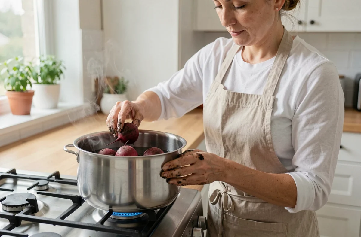 Femme en tablier déposant des betteraves rouges entières dans une casserole d'eau pour le batch cooking de la semaine