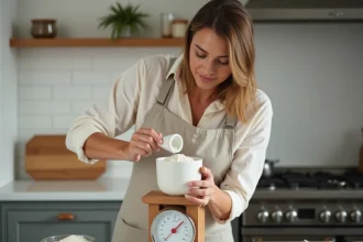 Femme mesurant de la farine avec un cup américain posé sur une balance numérique en grammes dans une cuisine moderne