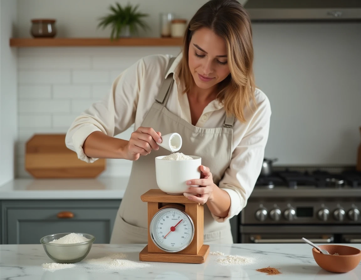 Femme mesurant de la farine avec un cup américain posé sur une balance numérique en grammes dans une cuisine moderne