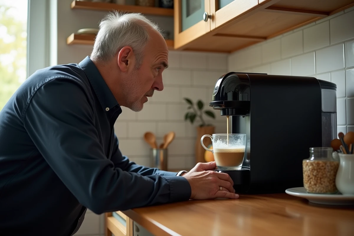 Homme surveillant le cycle de détartrage naturel en cours sur sa machine à café Tassimo Bosch