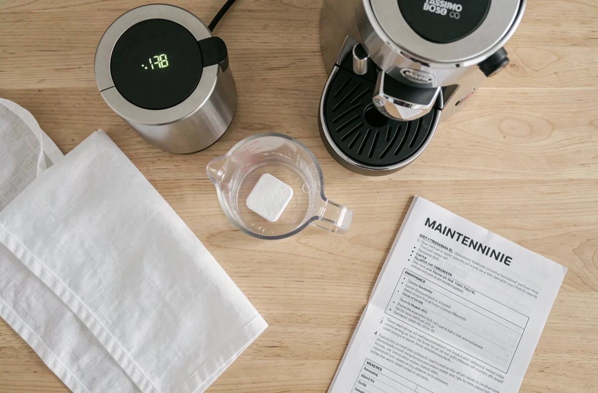 Vue de dessus d'une machine Tassimo Bosch en cycle de détartrage avec comprimé détartrant et notice