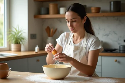 Femme débutante en pâtisserie ajoutant un œuf dans un bol de pâte à gâteau dans une cuisine moderne