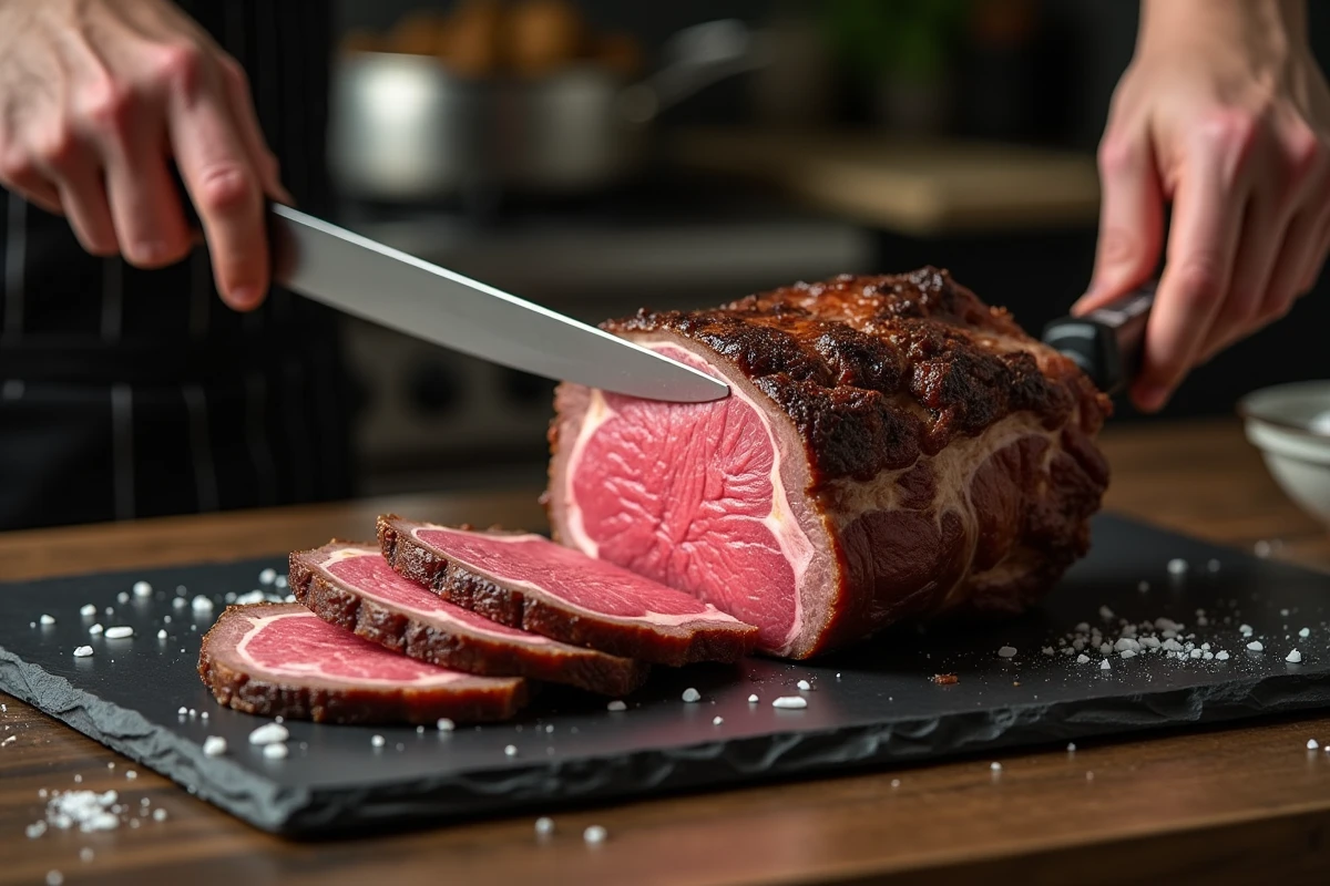 Tranche de rôti de boeuf rosé à la découpe sur ardoise avec jus de repos et couteau de chef