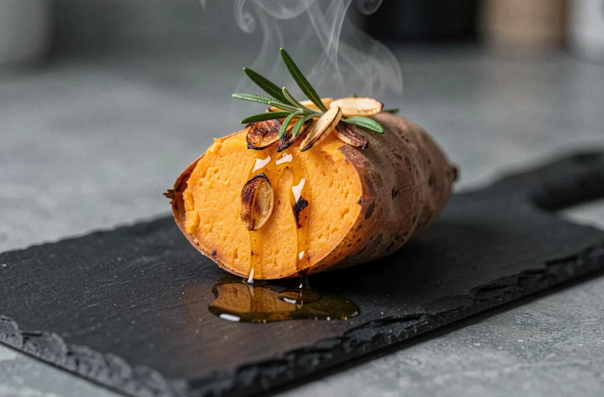 Demi patate douce au four avec ail rôti et romarin sur ardoise noire, vue en légère plongée