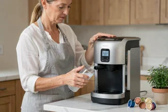 Femme versant une solution détartrante dans une machine Tassimo Bosch sur un plan de travail en marbre blanc
