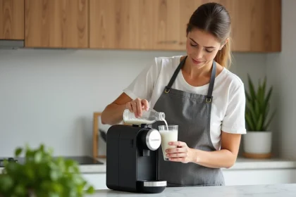 Femme versant du vinaigre blanc dans le réservoir d'une machine Tassimo Bosch pour la détartrer naturellement