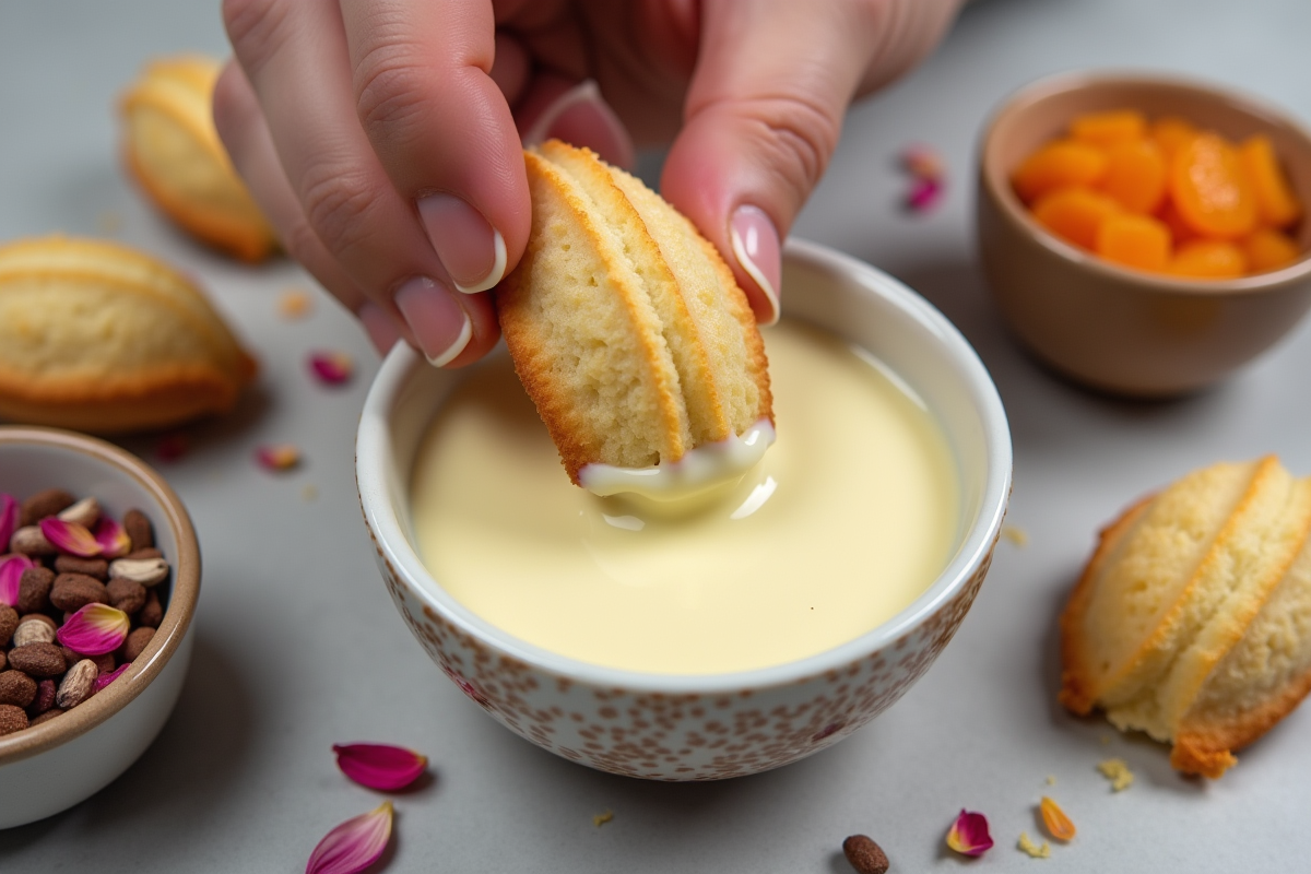 Main trempant une madeleine dans du chocolat blanc