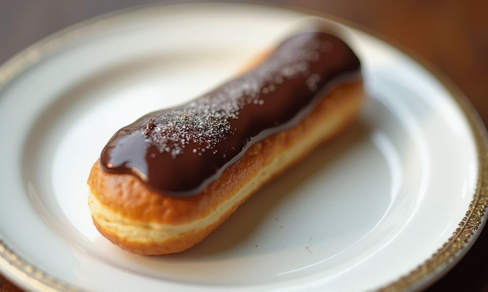 Éclair au chocolat sur une assiette blanche en gros plan