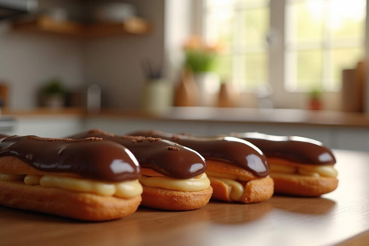 Plusieurs éclairs au chocolat sur un plan de travail en cuisine