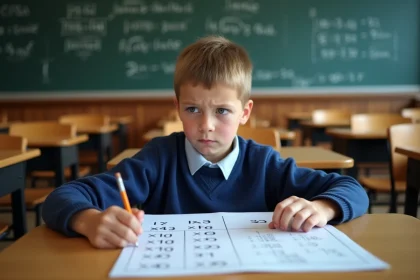 Élève à son bureau travaillant sur une feuille de conversion litres kilogrammes en classe