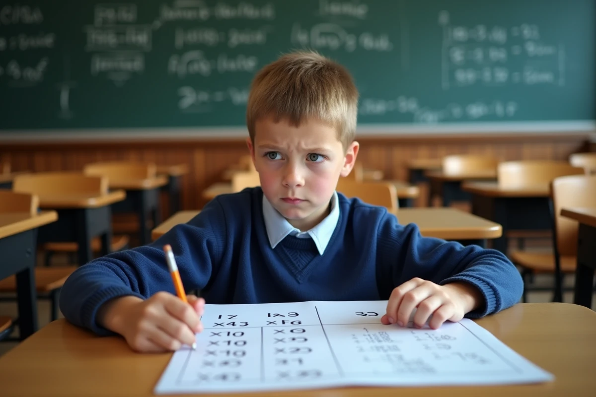 Élève à son bureau travaillant sur une feuille de conversion litres kilogrammes en classe