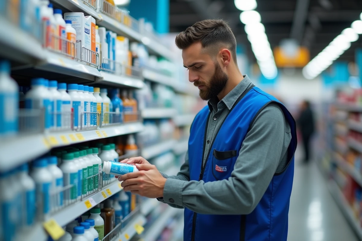 Employé de supermarché réapprovisionnant le rayon pharmacie avec des bouteilles d'alcool 90 degrés