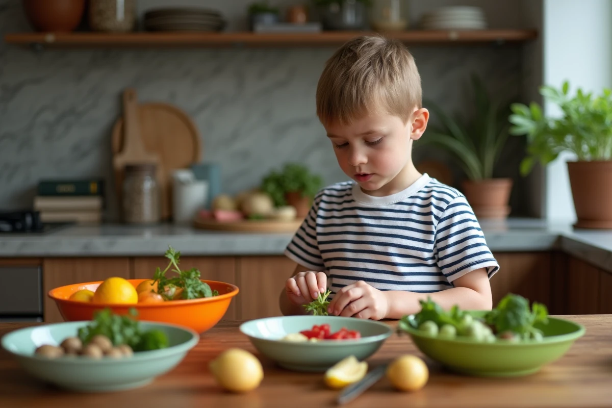 Jeune garçon identifiant un légume à la cuisine
