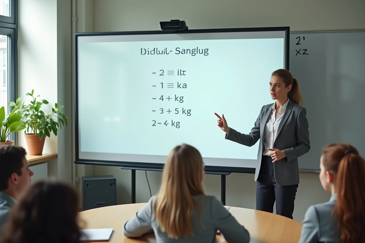 Enseignante présentant un tableau de conversion litres kilogrammes sur tableau interactif