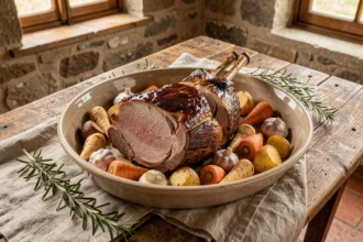 Épaule d'agneau confite basse température dans un plat en céramique entouré de légumes rôtis dorés et de romarin frais sur une table en chêne rustique