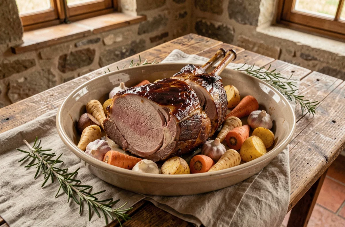 Épaule d'agneau confite basse température dans un plat en céramique entouré de légumes rôtis dorés et de romarin frais sur une table en chêne rustique