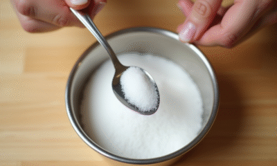 Main tenant une cuillère en métal avec du sucre blanc fin