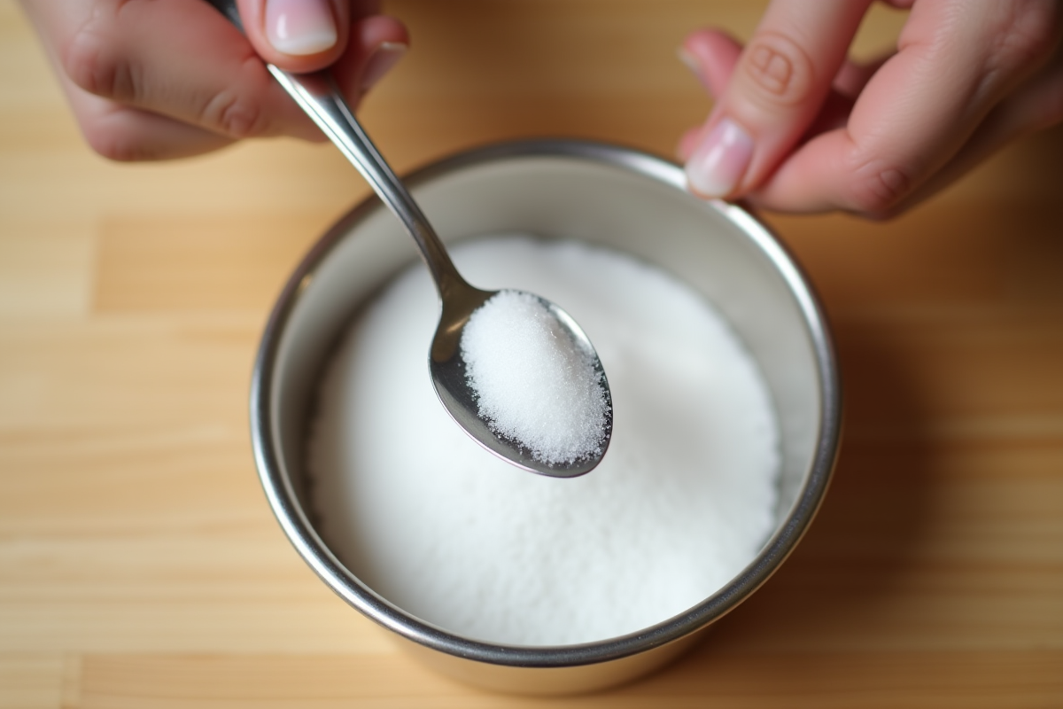 Main tenant une cuillère en métal avec du sucre blanc fin