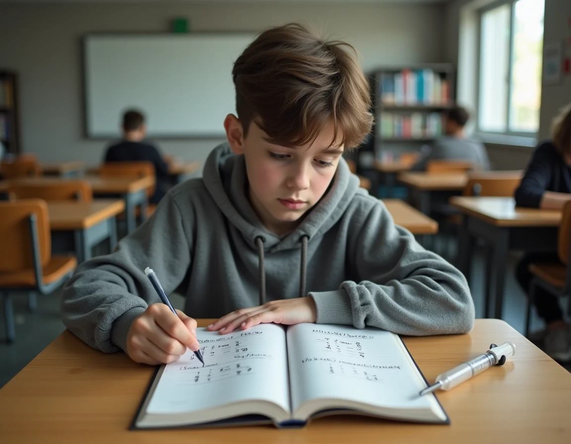 Étudiant consultant un cahier de conversion millilitres en centilitres avec un outil doseur de 10ml posé sur un bureau en bois en classe