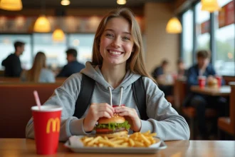 Étudiante souriante dégustant un menu Big Mac McDonald's avec frites et soda posés sur un plateau