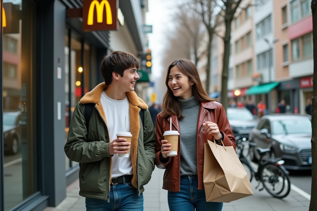 Deux étudiants souriants sortant d'un McDonald's avec leur menu Big Mac dans une rue urbaine
