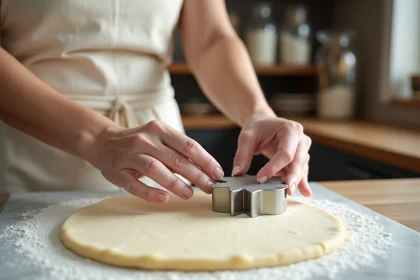 Femme façonnant des sablés de Noël amande avec un emporte-pièce étoile sur une planche en marbre farinée