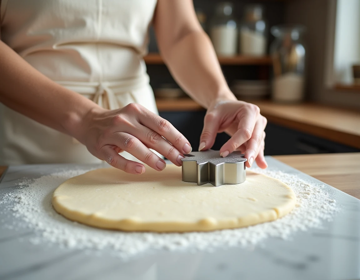 Femme façonnant des sablés de Noël amande avec un emporte-pièce étoile sur une planche en marbre farinée