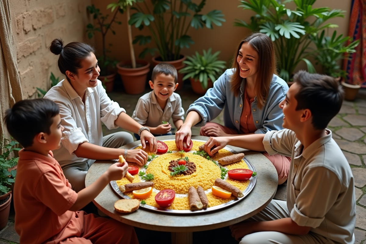 Famille marocaine partageant un couscous en extérieur