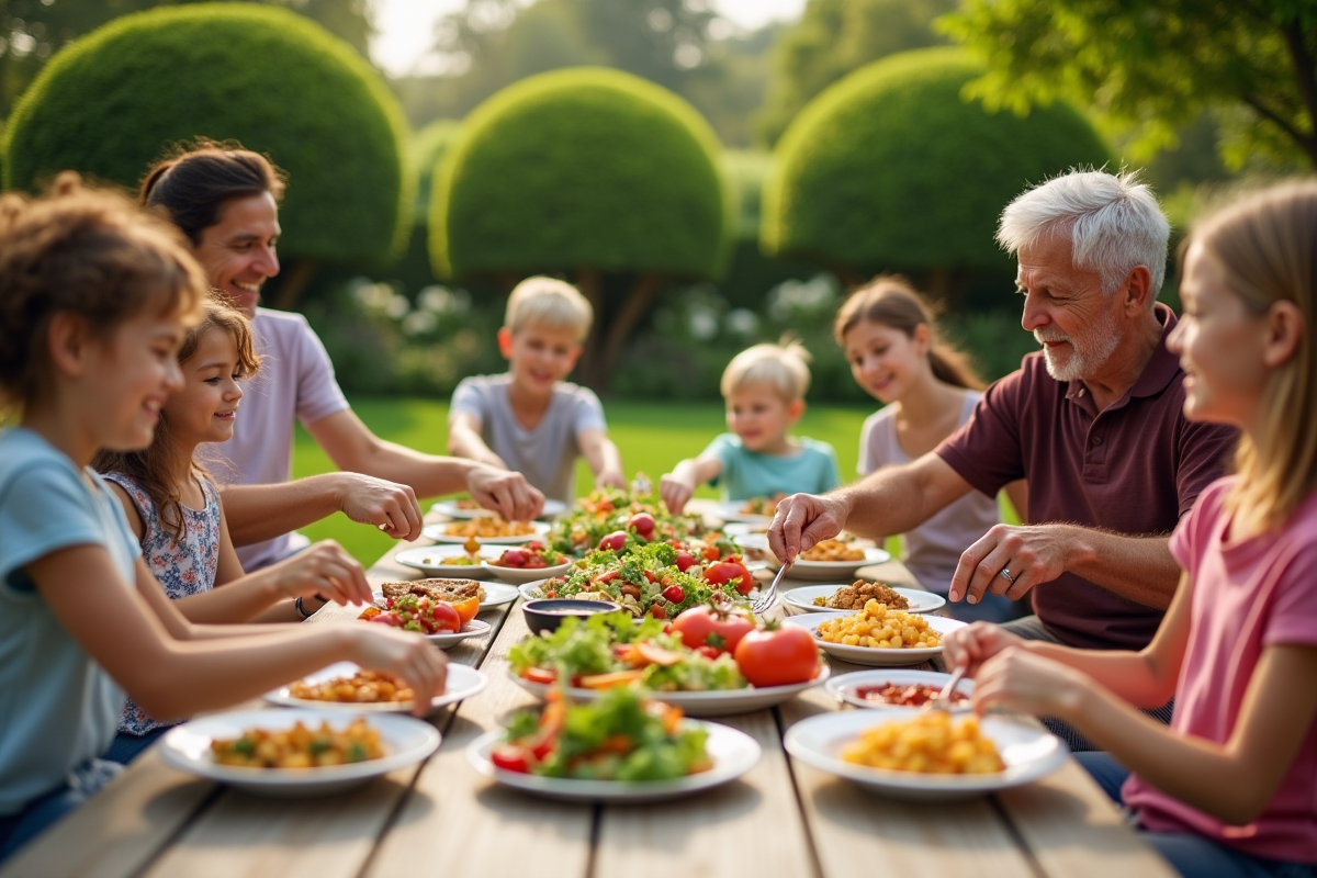 Famille multigeneration partageant un pique-nique dans le jardin