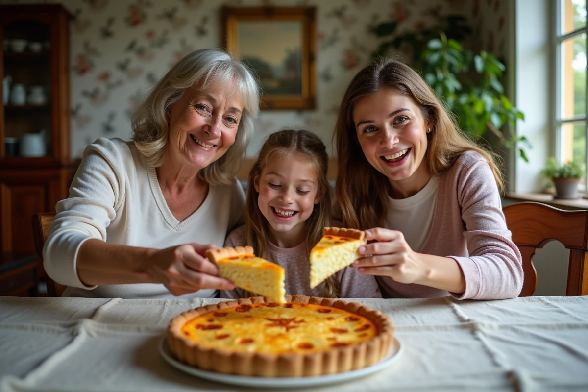 Famille multigeneration partageant une quiche Lorraine