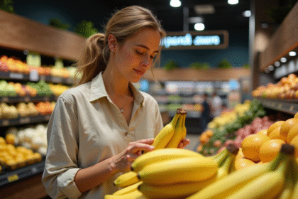 Femme examine des bananes bio et conventionnelles en supermarche