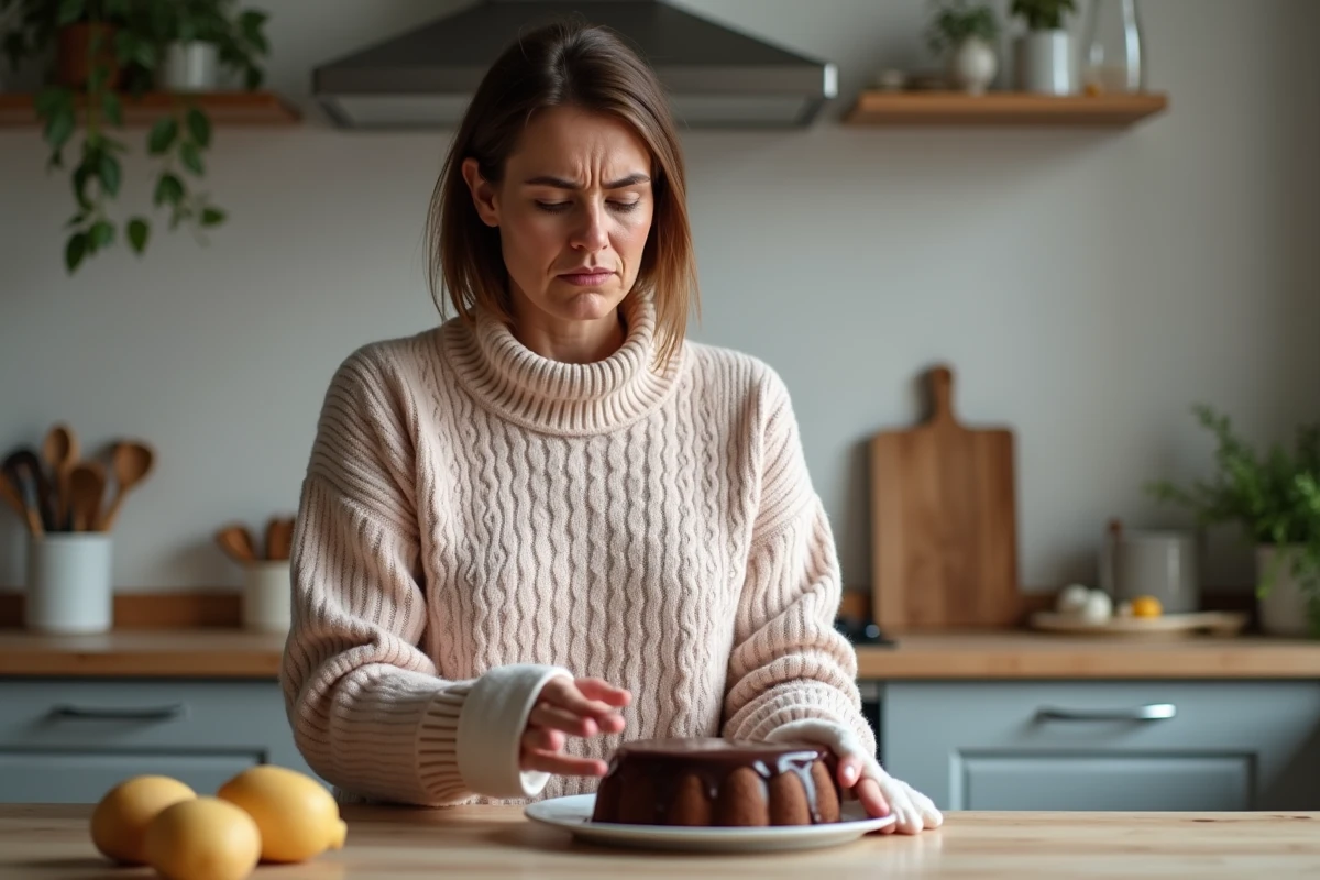 Femme fâchée retire un fondant au chocolat du four