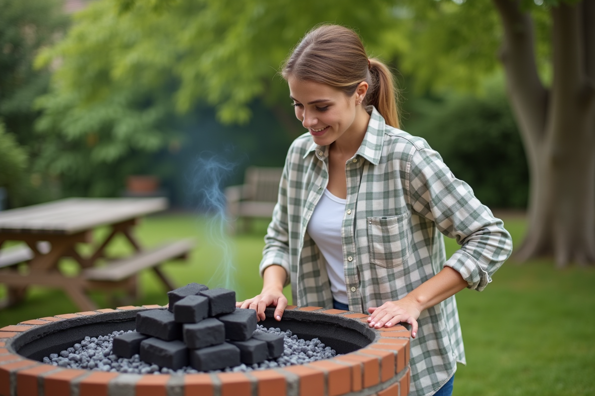 Jeune femme vérifiant une pyramide de charbon dans un barbecue