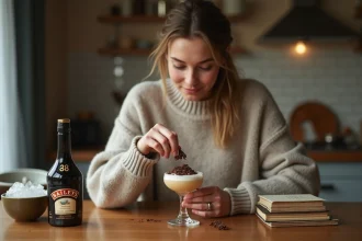 Femme garnissant un cocktail Baileys avec des copeaux de chocolat