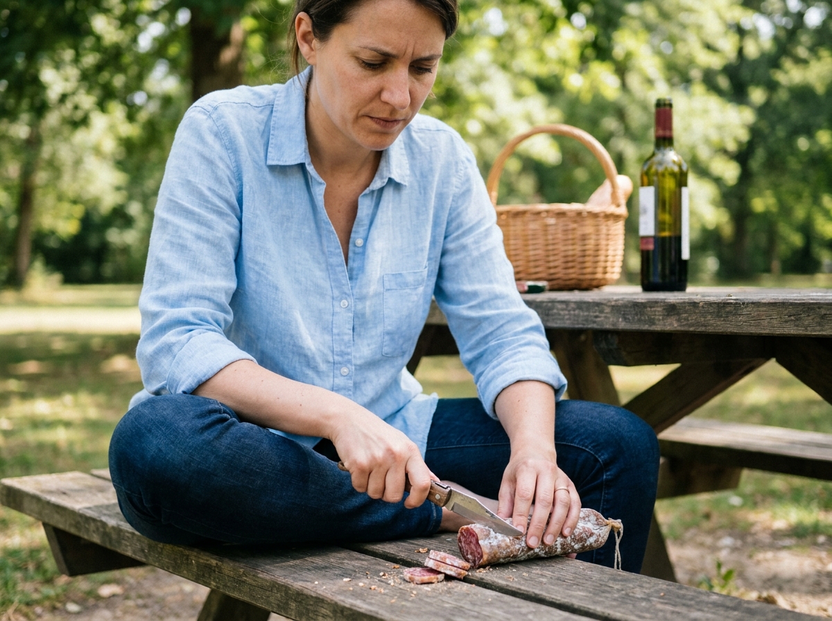 Femme découpant un saucisson sec lors d'un pique-nique en parc avec panier en osier