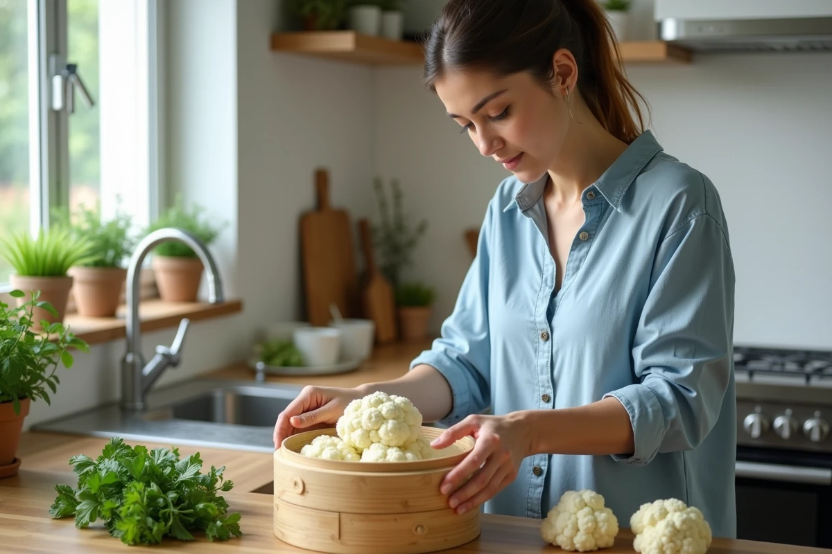 Femme en cuisine préparant du chou-fleur frais