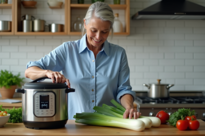 Femme en cuisine préparant des endives dans une cocotte moderne