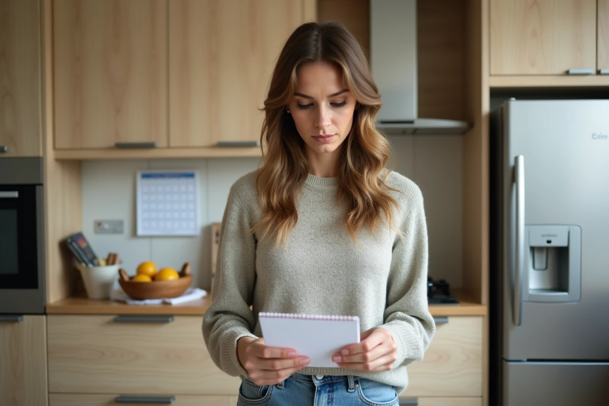 Femme en cuisine vérifiant sa liste raclette