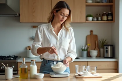 Femme en cuisine mesurant de la farine avec une balance digitale