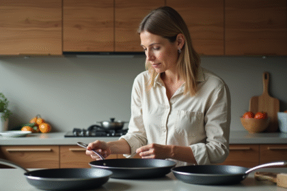Femme d'âge moyen examinant des poêles dans une cuisine moderne