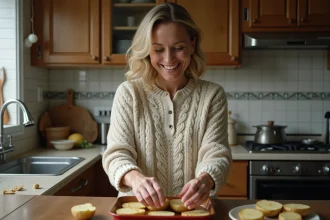 Femme en pull arrangeant pommes de terre assaisonnees